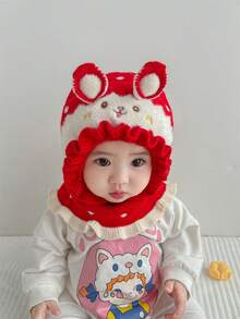 寶寶帽子圍巾套裝可愛中性冬季保暖針織耳瓣帽風帽圍巾套,適合1-3歲的嬰兒頭圍46-50cm - 紅色 - 查看 5