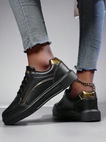New Spring Autumn Women's Black Flat Shoes With Lace-up Design, Lightweight Leather Casual Shoes For Students