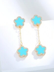1set Luxurious Flower & Lucky Clover Double Sided Earrings, Inlaid With Zirconia, Exquisite Accessory That Goes Well With Any Outfits - Gold - View 8