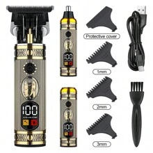 Three In One Electric Gradient Trimmer Zero Gap Hair Clipper T Blade 0.1mm Precision Shaver, Shaver Head, Portable Beard - Metal Three-in-one LCD Digital Display Set - View 1