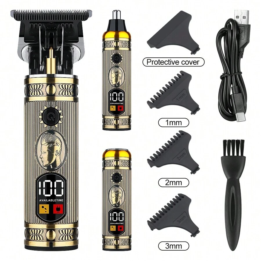 Three In One Electric Gradient Trimmer Zero Gap Hair Clipper T Blade 0.1mm Precision Shaver, Shaver Head, Portable Beard - Metal Three-in-one LCD Digital Display Set - View 1