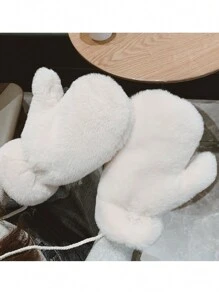 1set Women'S Plush Fur Mittens With Thickened Lining, Warm & Soft Gloves With String Suitable For Snowy Days & Outdoor Activities Like Queuing Or Riding - White - View 5