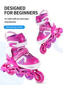 Easy Roller Pink Sports Style Skating Shoes Set With Flashing Straight Row Wheels, Adjustable Size, Soft And Breathable Surface, Portable, Including Skates, Shoulder Bag, 6 Pcs Protective Gear Set And Helmet. - Pink - View 2