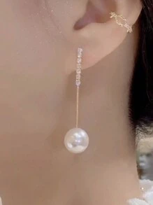 时尚长款925银针仿珍珠耳环，时尚优雅，简约时尚，时尚风格 - 杏色 - 查看 1