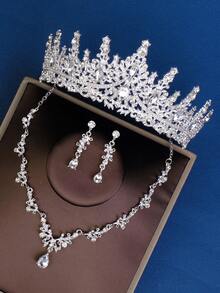 4入組女性多色鑽石皇冠耳環項鍊套裝 - 銀色 - 查看 4