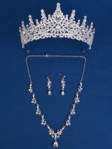 4入組女性多色鑽石皇冠耳環項鍊套裝 - 銀色 - 查看 1