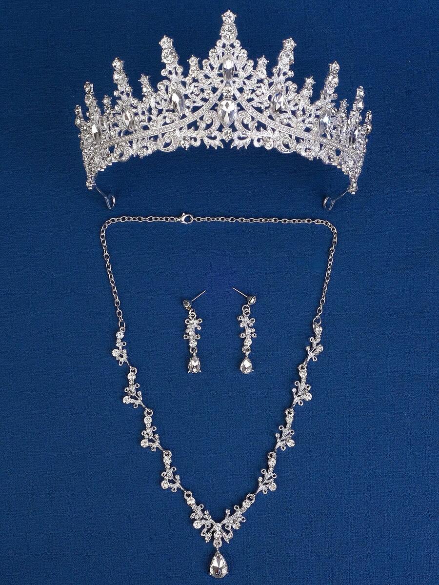 4入組女性多色鑽石皇冠耳環項鍊套裝 - 銀色 - 查看 1