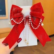 1pc Velvet Bowknot & Pearl & Tassel Hair Clip With Red & Gold Glittery Band & Pom Pom Decoration, Fashionable Princess Hair Accessory For New Year Gifts - Red - View 3