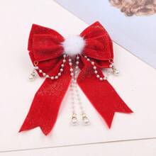 1pc Velvet Bowknot & Pearl & Tassel Hair Clip With Red & Gold Glittery Band & Pom Pom Decoration, Fashionable Princess Hair Accessory For New Year Gifts - Red - View 5