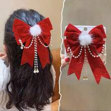 1pc Velvet Bowknot & Pearl & Tassel Hair Clip With Red & Gold Glittery Band & Pom Pom Decoration, Fashionable Princess Hair Accessory For New Year Gifts - Red - View 2