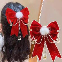 1pc Velvet Bowknot & Pearl & Tassel Hair Clip With Red & Gold Glittery Band & Pom Pom Decoration, Fashionable Princess Hair Accessory For New Year Gifts - Red - View 1