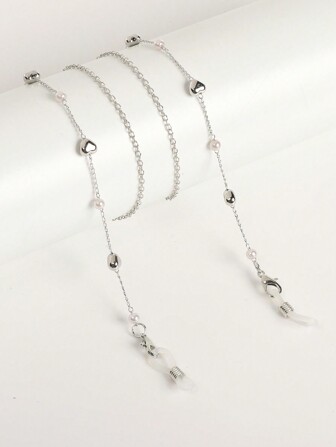 1 pieza Elegante cadena para gafas con forma de corazón y perla falsa de color plateado, adecuada para fiestas y uso casual, accesorio de gafas para mujeres