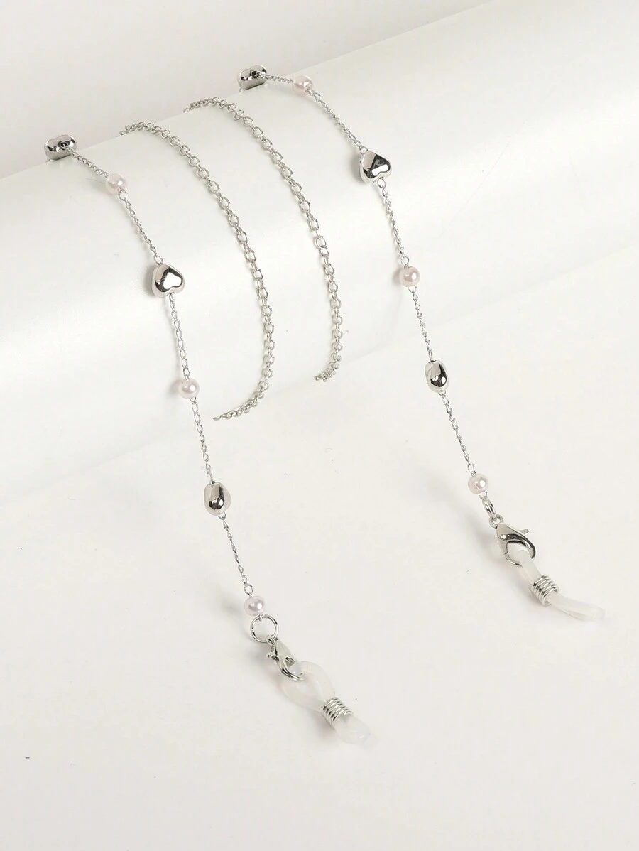 1 pezzo Elegante catena per occhiali a forma di cuore color argento con perle finte, adatta per feste e uso casual, accessori per occhiali da donna - Argento - Visualizzare 1
