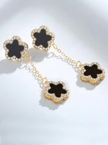 1set Luxurious Flower & Lucky Clover Double Sided Earrings, Inlaid With Zirconia, Exquisite Accessory That Goes Well With Any Outfits - Gold - View 2