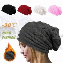 1顶纯色女士保暖针织帽，户外翻边针织帽，冬季滑雪帽，时尚保暖 - 彩色 - 查看 1