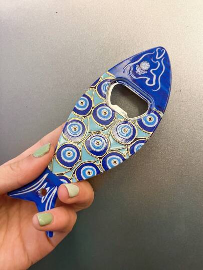 1pc Fish-Shaped Blue Eye Pattern Acrylic Material With Gold Foil Embossed Texture Fridge Magnet And Bottle Opener, Suitable For Home Use, Portable Bottle Opener, And Festive Gifts Birthday Graduation