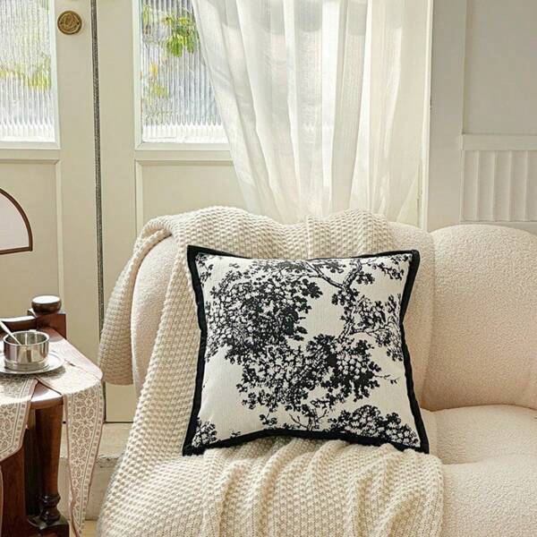 غطاء وسادة قديم بنمط فرنسي كلاسيكي مخملي مقاوم للإنزلاق بنمط زهر البرقوق الأسود والأبيض للأريكة