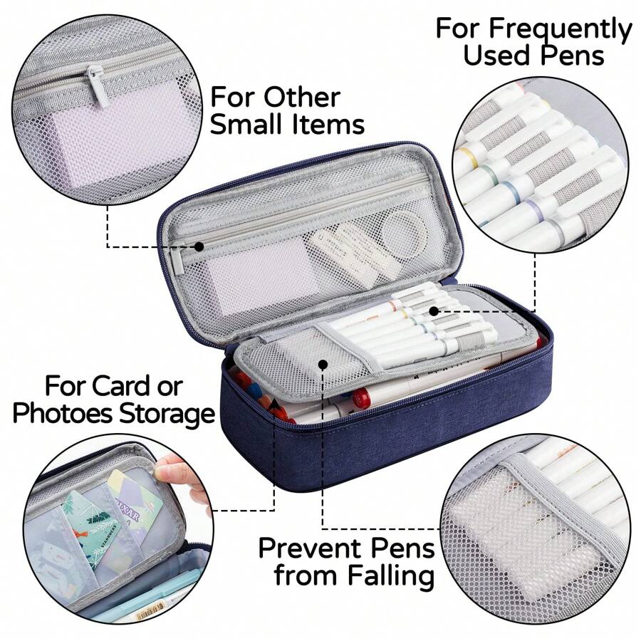 Large Pencil Case,Pencil Pouch With Zipper Compartments,Aesthetic Pencil Case For Adults,Stationery Pouch Pen Case For Office,Suitable For Junior High School Primary School Boys And Girls College Student - 藍色 - 查看 1