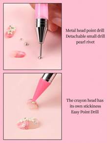 Nail Art Rhinestone Picker Wax Tool Dual-Ended Crystal Studs Gemstones Beads Jewel Applicator With Wax Head, New Marble & Acrylic Rhombus Gel Nail Pencil For Manicure, 1pc - Pink - View 6