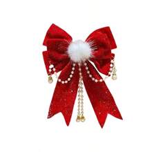 1pc Velvet Bowknot & Pearl & Tassel Hair Clip With Red & Gold Glittery Band & Pom Pom Decoration, Fashionable Princess Hair Accessory For New Year Gifts - Red - View 6