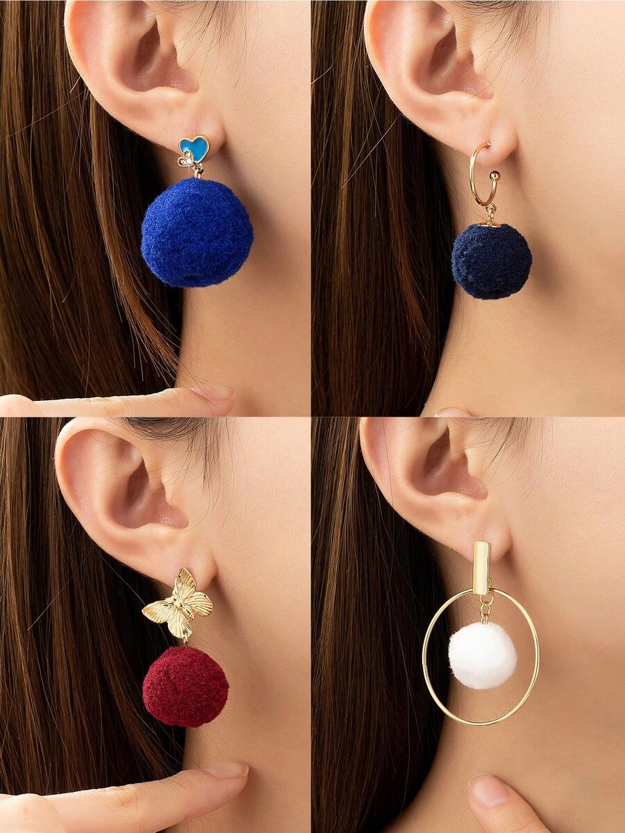 JYBY 2入組秋冬新時尚溫暖、可愛、百搭、受歡迎的毛絨球掛墜耳環,適合女性日常穿戴 - 白色毛球圓環 - 查看 1