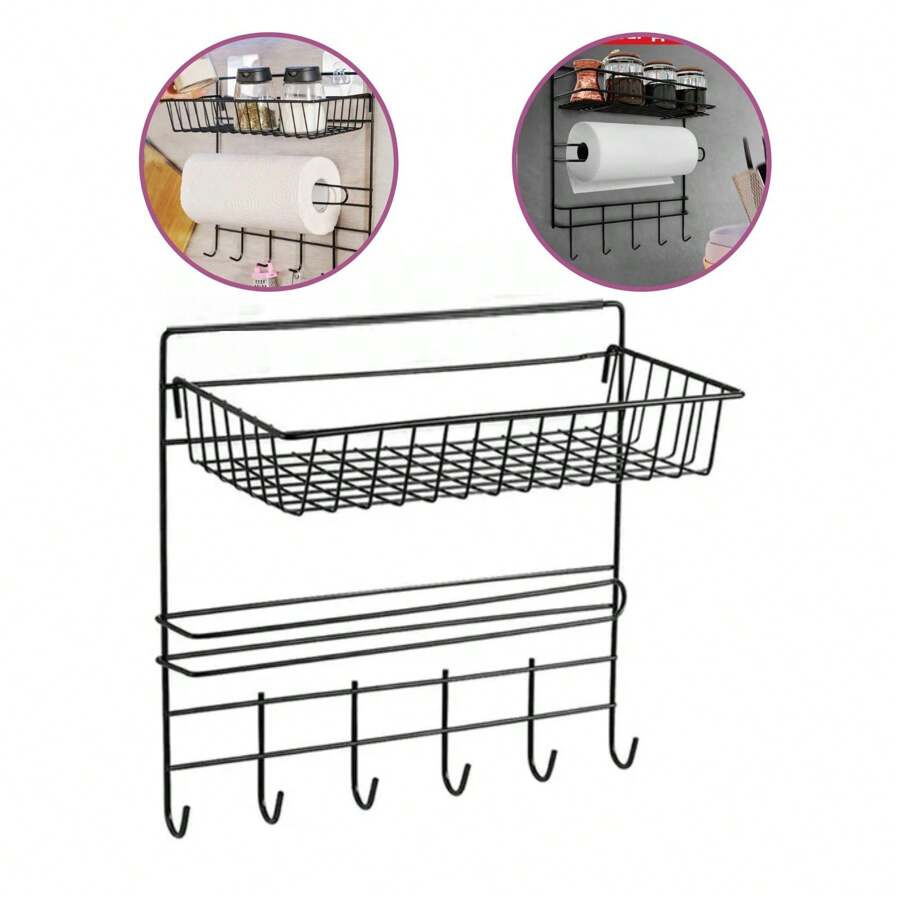 Porta Tempero Condimentos com Rolo de Papel Toalha com 6 ganchos Pendurar Pano de Prato Aramado Multiuso