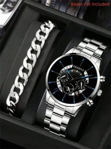 1块男士圆形休闲石英表 + 1条简约手链，适合日常佩戴，可作圣诞礼物或新年礼物。 - 銀色 - 查看 1