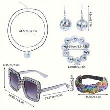 5 件/套 1970 年代迪斯科風格服裝套裝,配有圓形耳環、項鍊、手鍊、亮片頭帶、方形框水鑽太陽眼鏡;適合聚會、舞會、聚會裝扮 - 灰色 - 查看 2