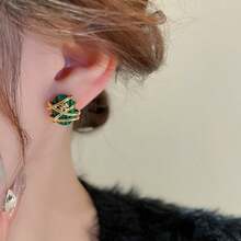 1對包覆橢圓幾何設計的鍍金925銀耳針,多用途、精緻,適合女性日常穿戴和節慶送禮 - 綠色 - 查看 3