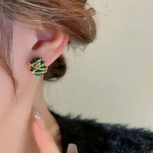 1對包覆橢圓幾何設計的鍍金925銀耳針,多用途、精緻,適合女性日常穿戴和節慶送禮 - 綠色 - 查看 7