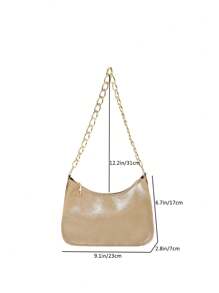 时尚金属链条肩带复古单肩包女包纯色油皮多功能腋下月牙包手提包 - 卡其色 - 查看 2