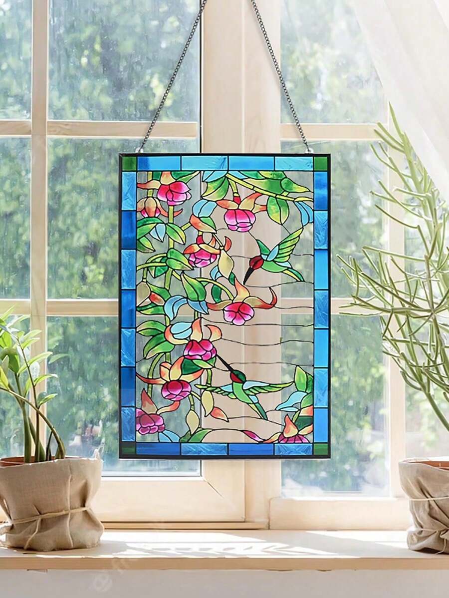 1pc 11.8''x7.87''(30x20) Acrylic Hummingbird Colored Glass Window Hanging Ornament, With Chain For Wall Or Window Decor - Multicolor - View 1