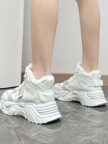 優雅舒適的高筒毛絨運動粗跟女鞋，新到貨的休閒時尚全配女靴 - 白色 - 查看 7