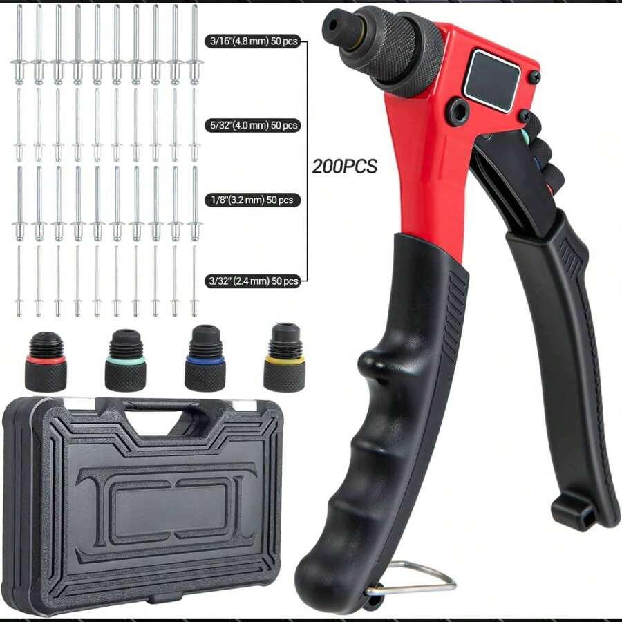 Rivet Gun With 200 Rivets, Manual Rivet Pliers With 4 Tool-Free Interchangeable Mouthpieces And Carrying Case, Heavy-Duty One-Hand Rivet Pliers, Black + Red - Multicolor - View 1