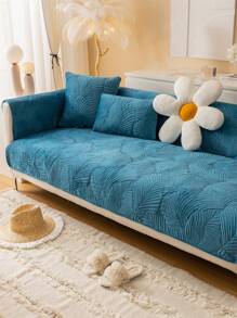 1pc Embroidered Plush Sofa Cushion Plain Leaves Pattern Sofa Cover Anti-Slip, Scratch-Resistant, Four Seasons Available, Easy To Clean Sofa Cover