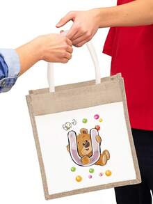 大容量黃麻肩袋手提袋裝麻袋亞麻手提袋女士購物袋名字字母圖案可重複使用被層壓的設計師手提袋母親禮物旅行儲物袋手提購物布袋麻亞麻小袋野餐袋老師禮物 - 米色 - 查看 6