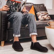 Men's Micro Suede Sheepskin Hi-Top Slippers with Elastic Dual Gores - Black - View 2