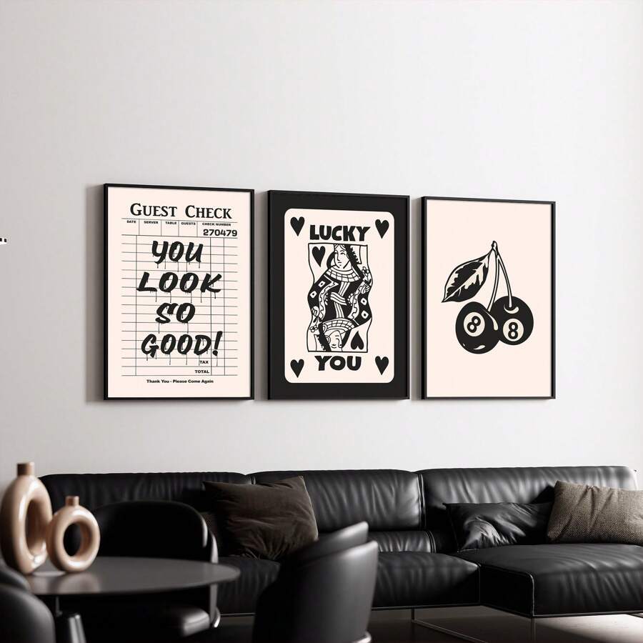 3 件复古墙壁艺术画客人检查帆布印刷画幸运的你 8 台球海报美学学院风装饰适用于卧室、客厅或宿舍墙壁装饰无框架 - 彩色 - 查看 1