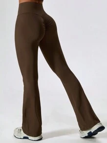 女裝慢跑褲瑜珈褲喇叭褲休閒褲健身褲臀部提拉瑜珈褲 - 巧克力棕 - 查看 2
