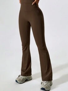 女裝慢跑褲瑜珈褲喇叭褲休閒褲健身褲臀部提拉瑜珈褲 - 巧克力棕 - 查看 3