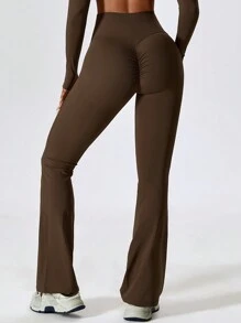 女裝慢跑褲瑜珈褲喇叭褲休閒褲健身褲臀部提拉瑜珈褲 - 巧克力棕 - 查看 5