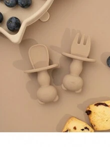 2 pcs Baby Training Fork Spoon Set Panda Bear Design  Infant Soft Silicone  Learning Tableware For Newborn Feeding Kids Accessories - Camel - View 2