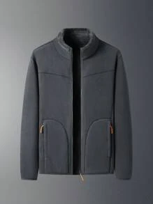 1pc Outdoor Hiking & Casual Double-Sided Wearable Coral Fleece & Flannel Thickened Grey Men'S Fleece Jacket - Dark Grey - View 1