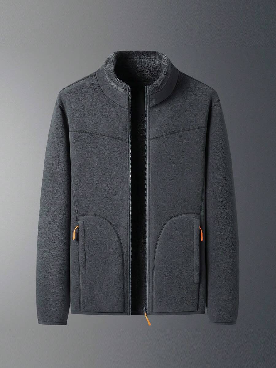 1pc Outdoor Hiking & Casual Double-Sided Wearable Coral Fleece & Flannel Thickened Grey Men'S Fleece Jacket - Dark Grey - View 1