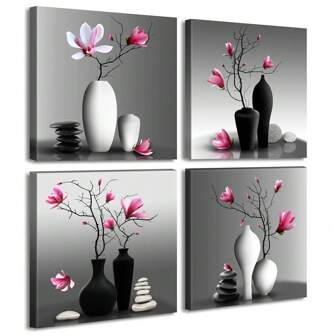 4pcs Modern Bathroom Pictures Wall Decor Zen Flowers Paintings Canvas Decorations Black and White Wall Art for Bedroom Living Room Home,No Frame