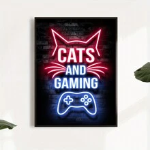 1張彩繪油畫霓虹貓和遊戲控制器海報,適用於遊戲室、臥室、辦公室、客廳、家居牆壁裝飾,不含畫框 - 彩色 - 查看 3