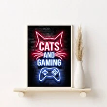 1張彩繪油畫霓虹貓和遊戲控制器海報,適用於遊戲室、臥室、辦公室、客廳、家居牆壁裝飾,不含畫框 - 彩色 - 查看 2