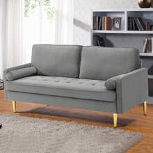 SZLIZCCC 67" Modern Velvet Loveseat Sofa Couch, Mid-Century Tufted Upholstered Small Love Seat Couch With 2 Pillows & 4 Golden Legs, 2-Seats Couches For Compact Space, Living Room, Apartment - 灰色 - 查看 2