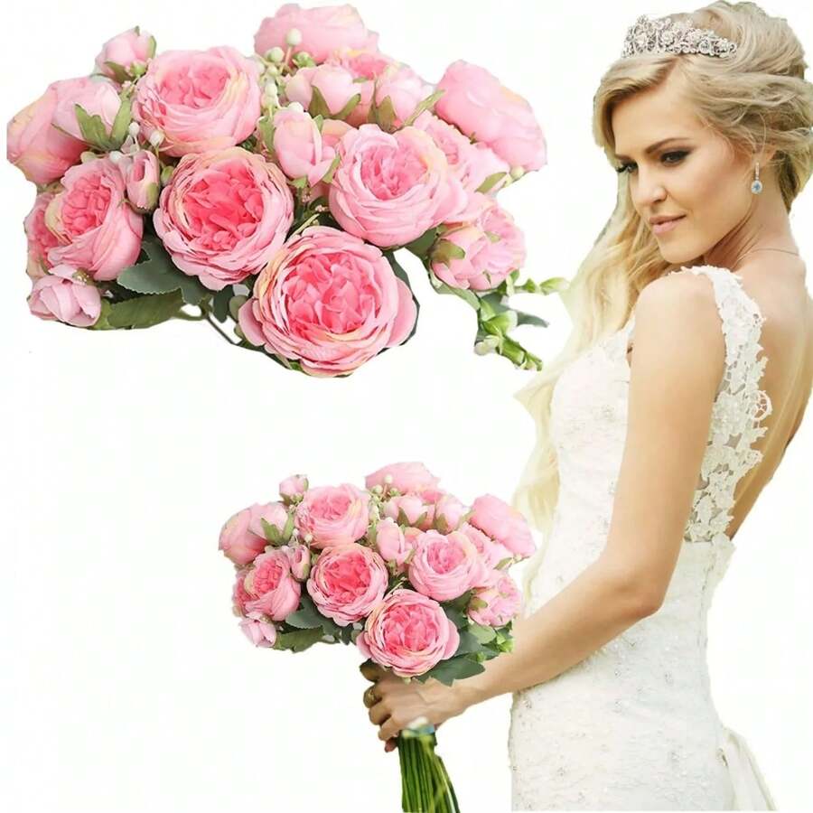 Flores Peonias Artificiales Ramo Rosa Novia Boda Centro Mesa - Rosa - Ver 1