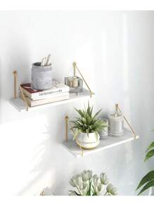 SUMGAR Wandregal Weiß Holz Metall Gold, moderne Regale für Badezimmer, Wohnzimmer, 2er-Set.